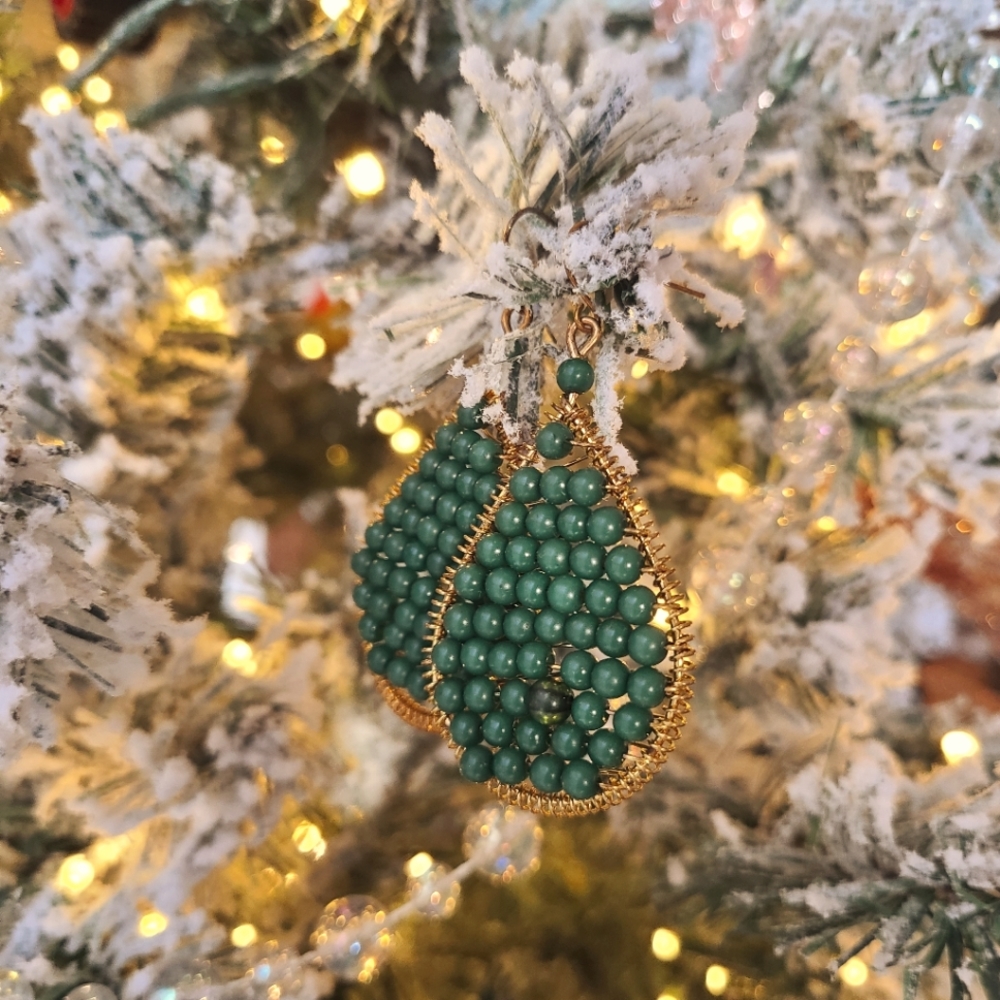 Festive Green and Gold Bead Earrings